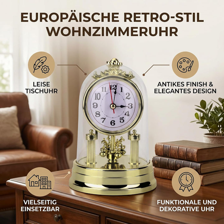 ANGGREK Retro Geräuschlose Tischuhr für Wohnzimmer im Europäischen Stil Goldene Wohndekoration Leich