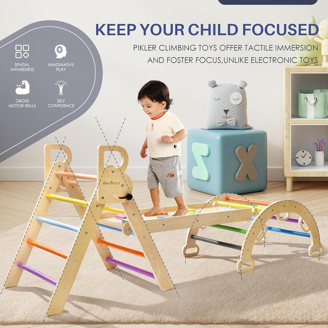 BlueWood 3-in-1 Montessori Indoor Spielset mit Bogen, Rampe und Kletterdreieck, Holz-Dreieckset für