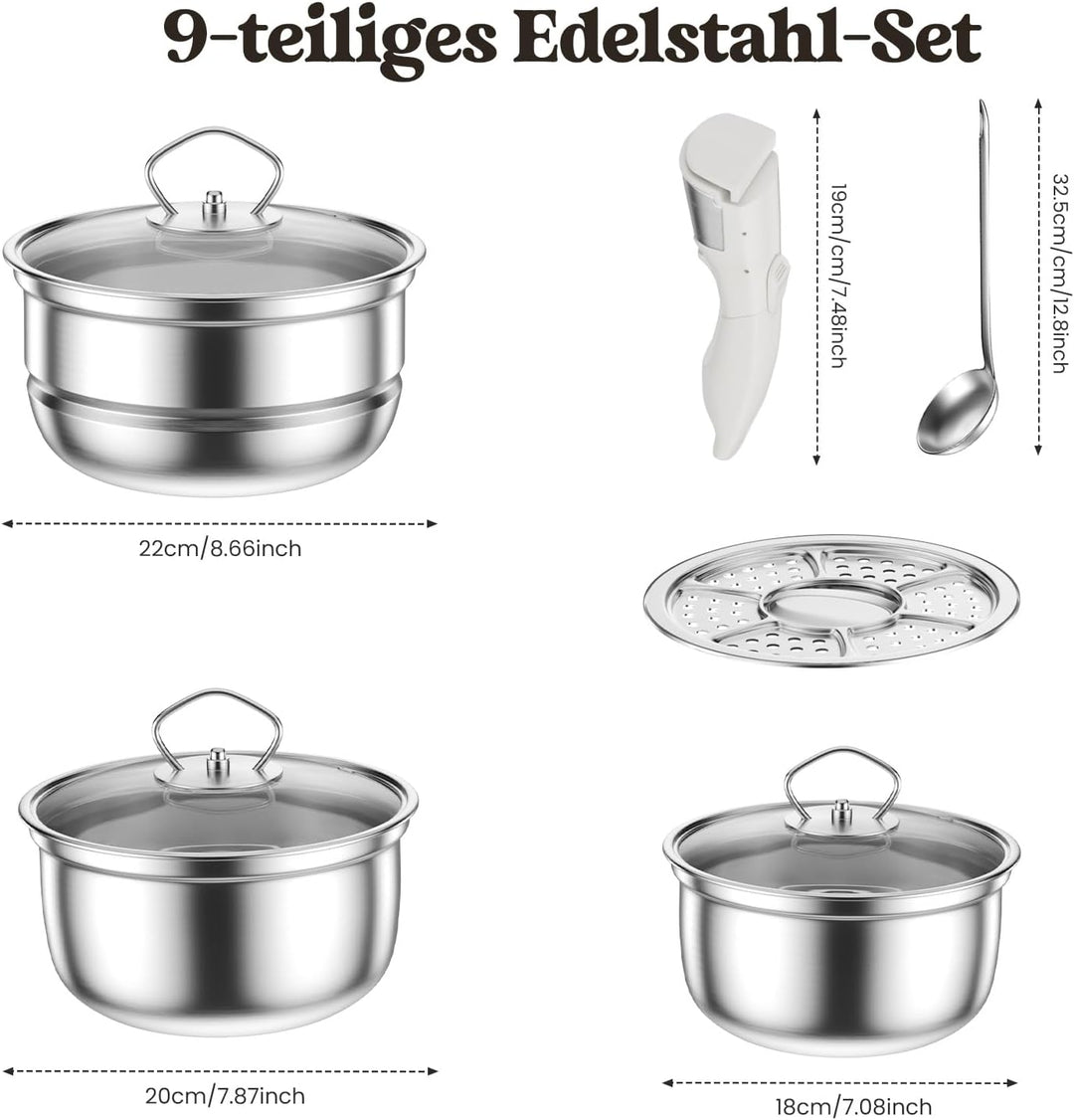 Edelstahl Töpfe Set mit Abnehmbaren Griff, 9 pcs antihaftbeschichtete Induktionskochtöpfe mit Deckel