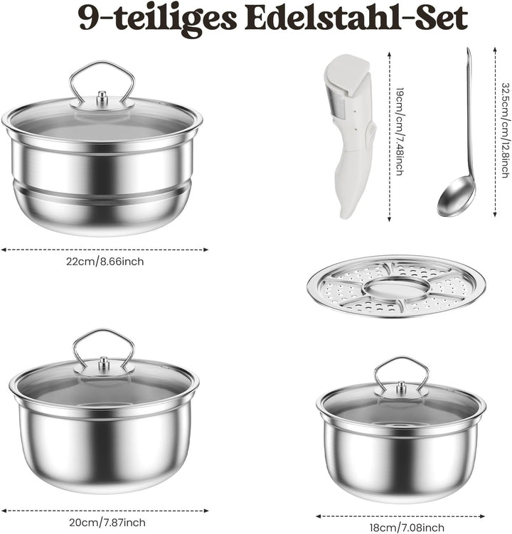 Edelstahl Töpfe Set mit Abnehmbaren Griff, 9 pcs antihaftbeschichtete Induktionskochtöpfe mit Deckel