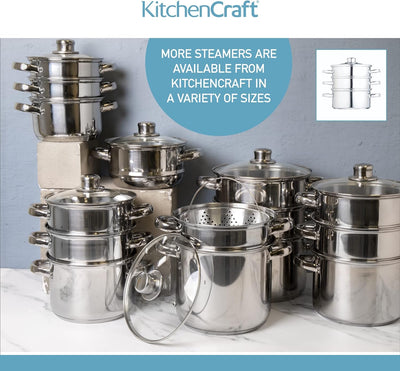 KitchenCraft Multifunktioneller Kochtopf Set, Dampfgarer/Suppentopf mit 3 Töpfen und Deckel, Indukti