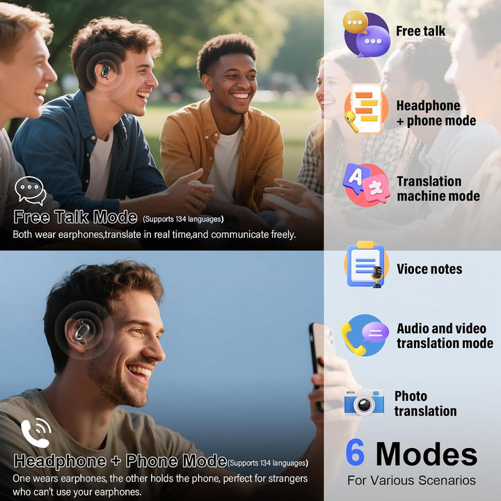 AI Kopfhörer Übersetzer, Echtzeit Sprachübersetzer Kopfhörer 164 Sprachen mit App, 6 Übersetzungsmod