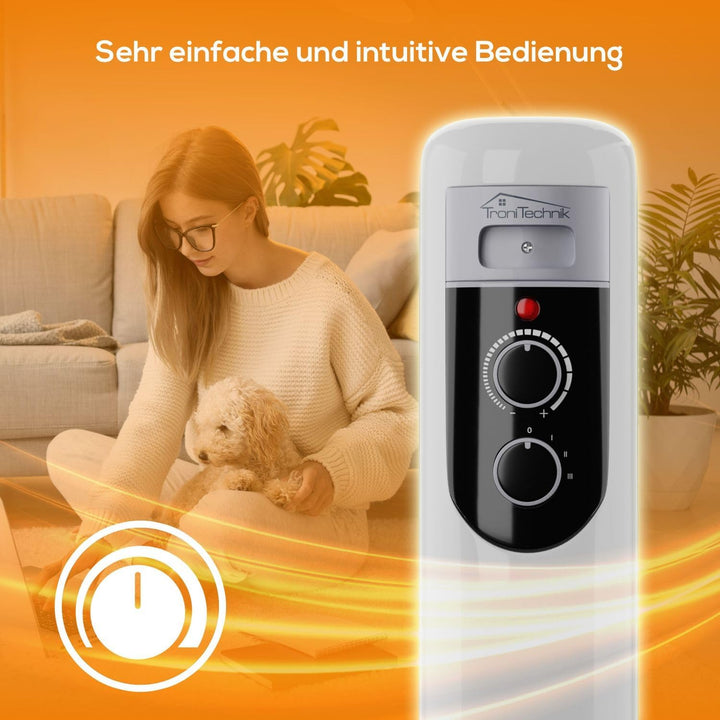 TroniTechnik® Ölradiator OR-107 7 Rippen 1500 W Thermostat weiss | 3 Heizstufen, Kippschutz, 4 Lenkr