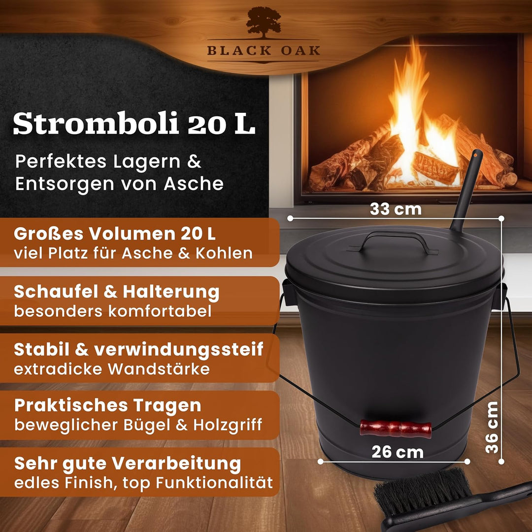 BLACK OAK Ascheeimer Stromboli 20L – schwarz mit Deckel Schaufel & Besen Bügel schwarz gross 20 Lite