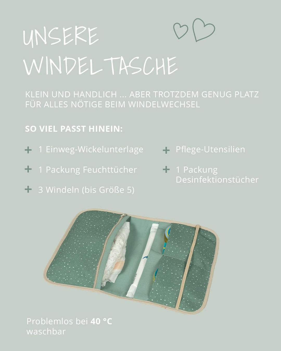 ULLENBOOM ® Windeltasche für unterwegs (Made in EU) - Wickeltasche für bis zu 3 Windeln, Feuchttüche