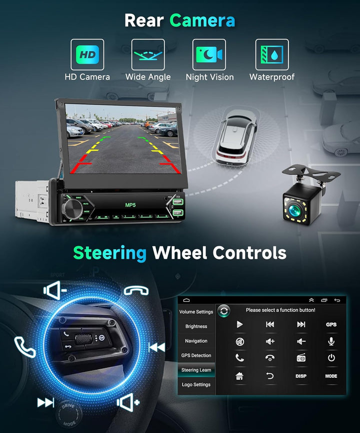 7 Zoll Flip Out 1 Din Autoradio mit DAB Wireless Carplay Android Auto, Podofo 1 Din Touchscreen Blue