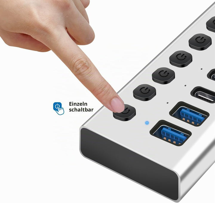 LogiLink UA0448 - USB 3.2 Gen1 Hub mit 10-Ports und Kabel/Adapter, USB Typ A und USB Typ C, EIN-/Aus