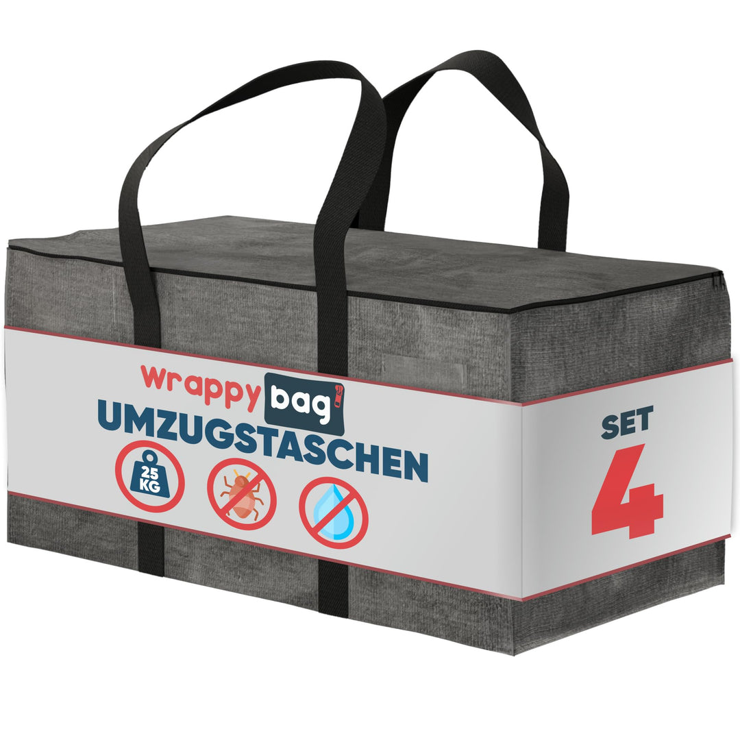 WRAPPYBAG 4er Pack Grosse Kunststoff Aufbewahrungstasche – XXL Tasche Gross für Umzug, Reise – Robus