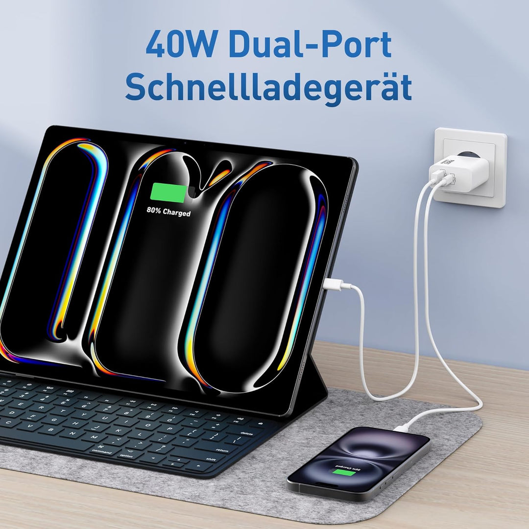 40W USB C Ladegerät + 3M Lang Ladekabel für iPhone 17/Pro Max Air/16/16e/15 Plus, iPad 11/10/A16, Ga