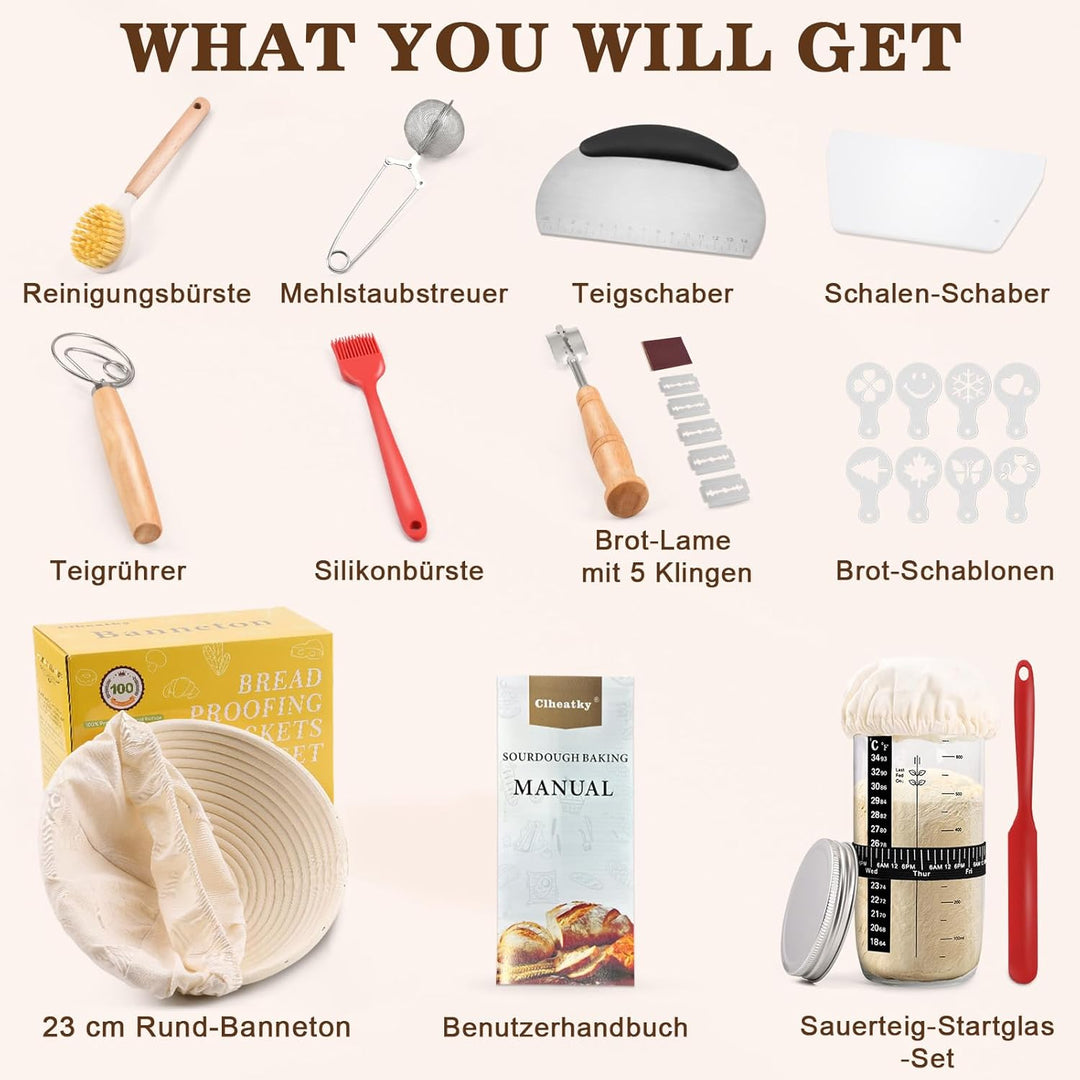 Sauerteig Starter Set, 11-teilig Gärkorb Brot, Gärkörbchen Rund 23cm, Komplettset Brot Backen Zubehö