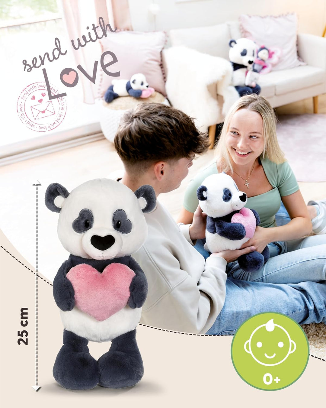 NICI Kuscheltier Love Panda mit Herz 25cm - schwarz - Weiches Plüschtier – niedliches Stofftier zum