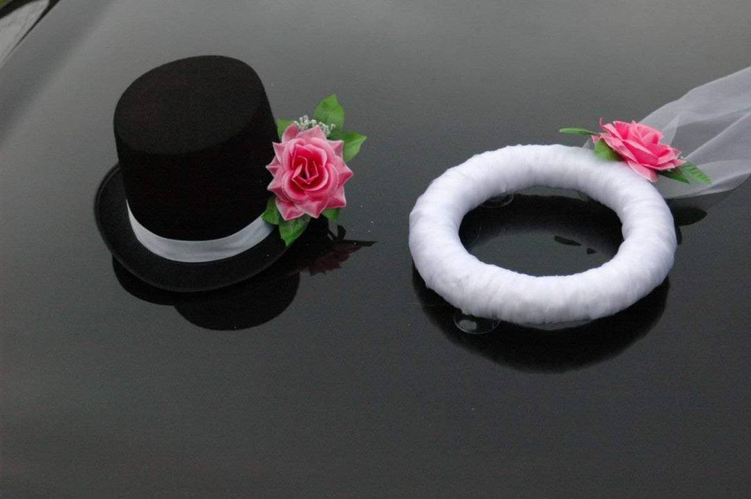 Schleier UND Hut Autoschmuck Rose Car Dekoration Hochzeit Wedding ®Auto-schmuck (Rosa), Rosa