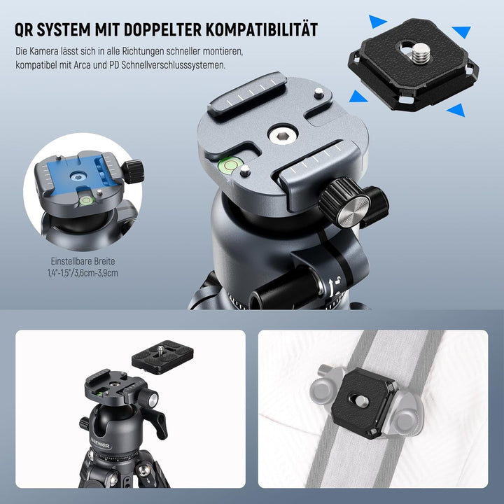 NEEWER LITETRIP LT38 61" Reisestativ Kamera, tragbarer Ständer aus Carbonfaser, 360°Kugelkopf, Arca