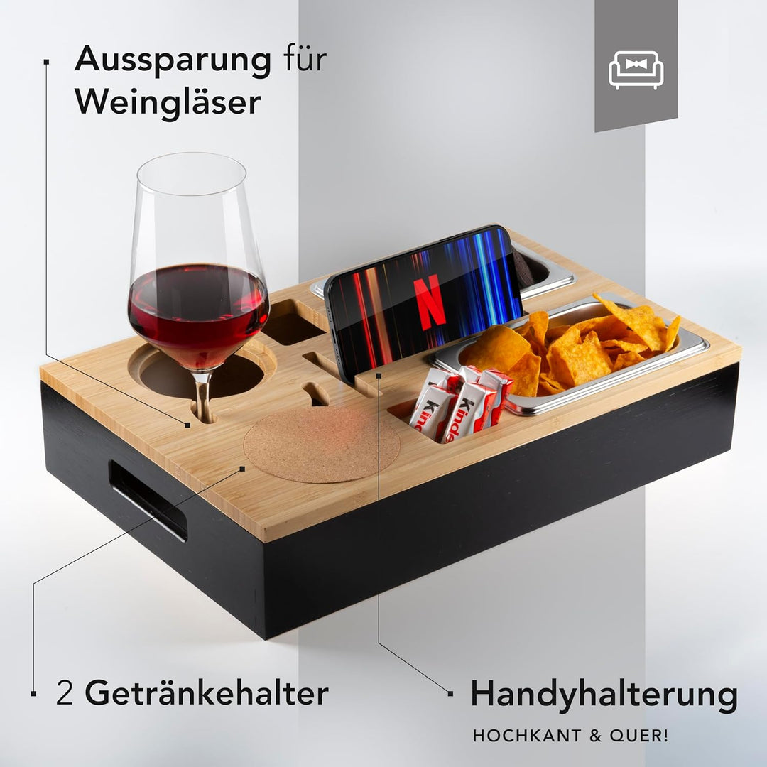 Couchbar Snackbox aus Bambus Personalisierbar inkl. Geschenkbox | Sofa Tablett mit 2 Snackschalen, 2