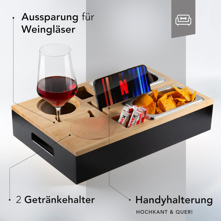 Couchbar Snackbox aus Bambus Personalisierbar inkl. Geschenkbox | Sofa Tablett mit 2 Snackschalen, 2