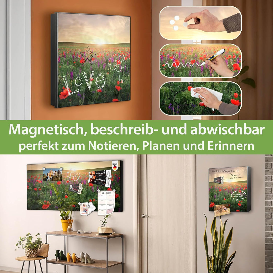 banjado® Grosser Schlüsselkasten Glas/Schlüsselbox 30cm x 30cm mit 50 Haken - Motiv Sommerfeld/Schlü