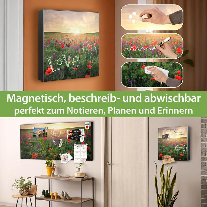 banjado® Grosser Schlüsselkasten Glas/Schlüsselbox 30cm x 30cm mit 50 Haken - Motiv Sommerfeld/Schlü