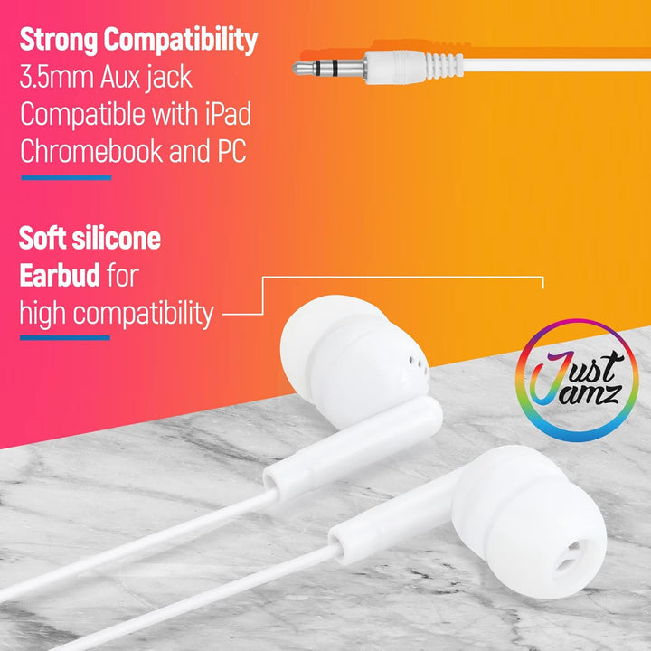 JustJamz® Basic | 100 Stück | Schüttgut einfache Ohrhörer, perlweisse In-Ear-Ohrhörer, 3.5-mm-Audiob