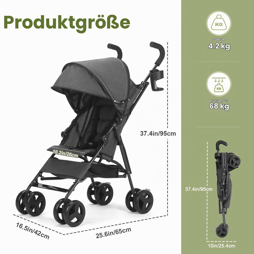 Einhändig klappbarer, leichter Kinderwagen, grosser Aufbewahrungskorb, Verdeck, Getränkehalter, komp