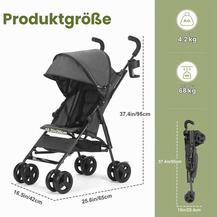 Einhändig klappbarer, leichter Kinderwagen, grosser Aufbewahrungskorb, Verdeck, Getränkehalter, komp