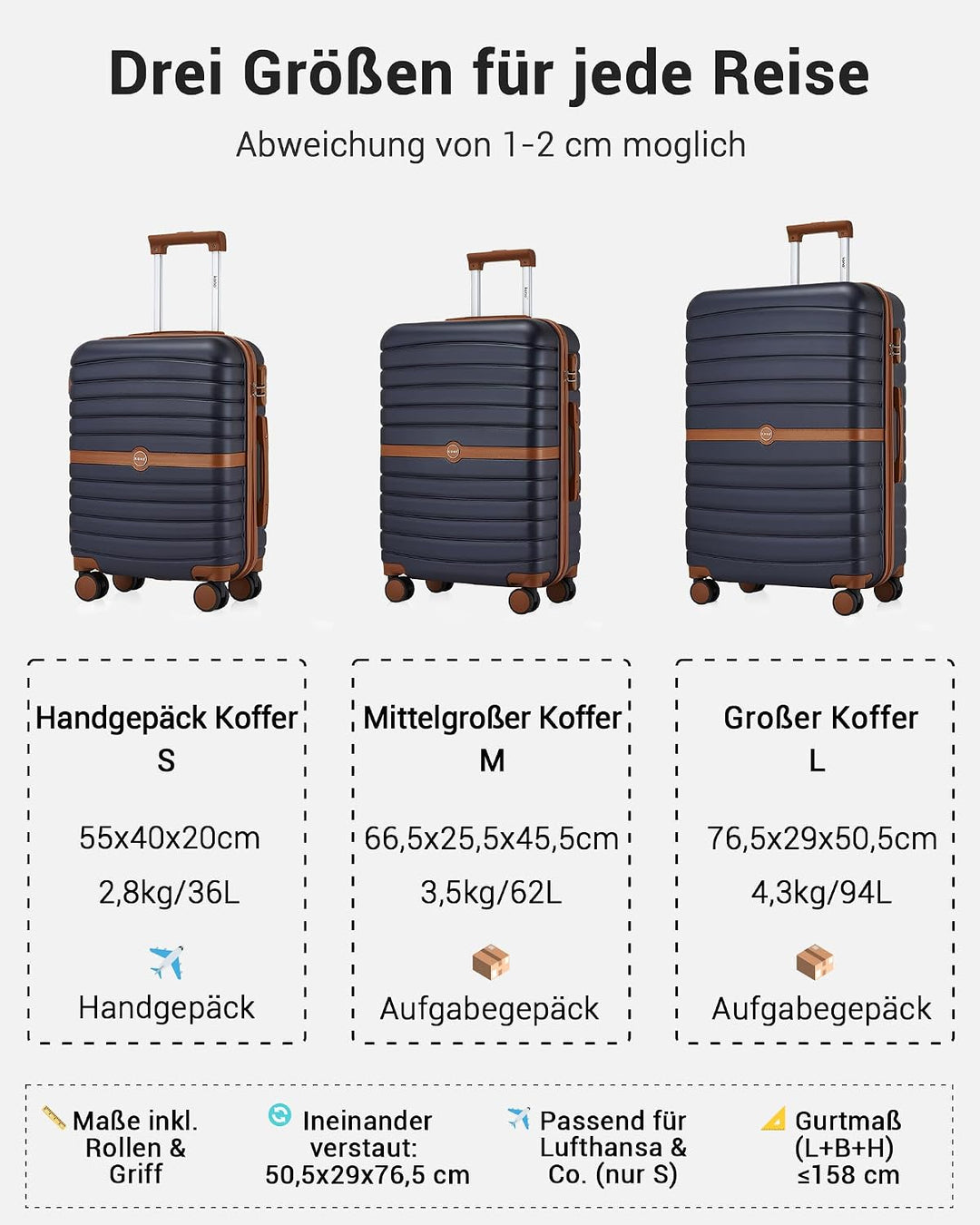 KONO Koffer Reisekoffer Trolley Koffer Gross von ABS+PC Hartschalenkoffer mit Zwillingsrollen und Za