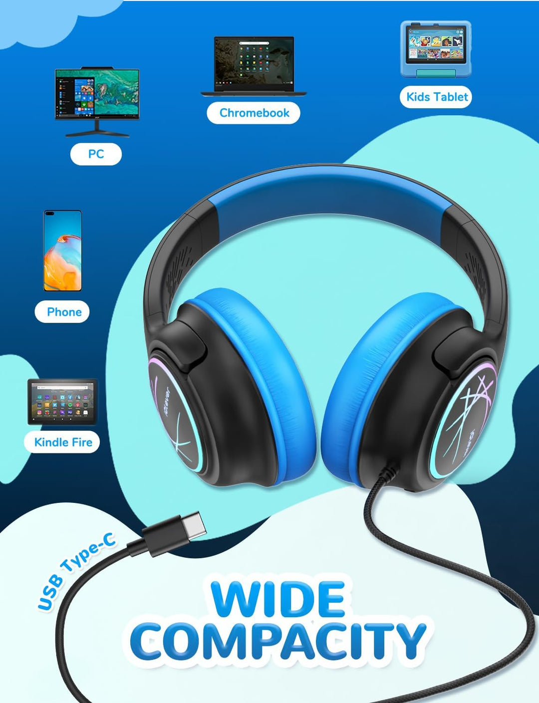 iClever Kopfhörer Kinder USB C, Kinder Kopfhörer mit Kabel 85dBA Sichere Lautstärke, Stereo Sound, O