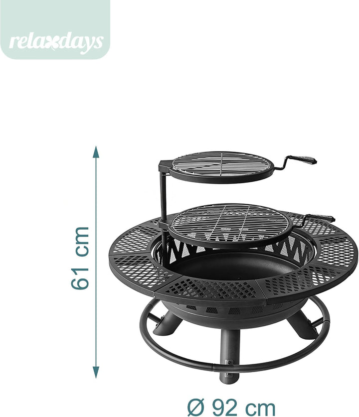Relaxdays Feuerschale, Ø 92 cm, 2 verstellbare Grillroste, Deckel, Schürhaken &amp; Abdeckung, Feuerstel