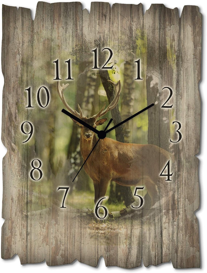 ARTLAND Wanduhr ohne Tickgeräusche aus Holz Quarzuhr 30x40 cm Rechteckig Lautlos Natur Tiere Hirsch