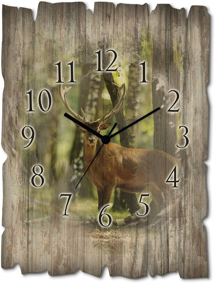 ARTLAND Wanduhr ohne Tickgeräusche aus Holz Funk Uhr 30x40 cm Rechteckig Lautlos Natur Tiere Hirsch