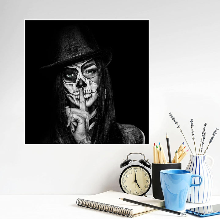 wandmotiv24 Poster als Wanddeko, Grösse 50x50cm, Model mit Totenkopf Makeup, Schminke, Grüne Augen,