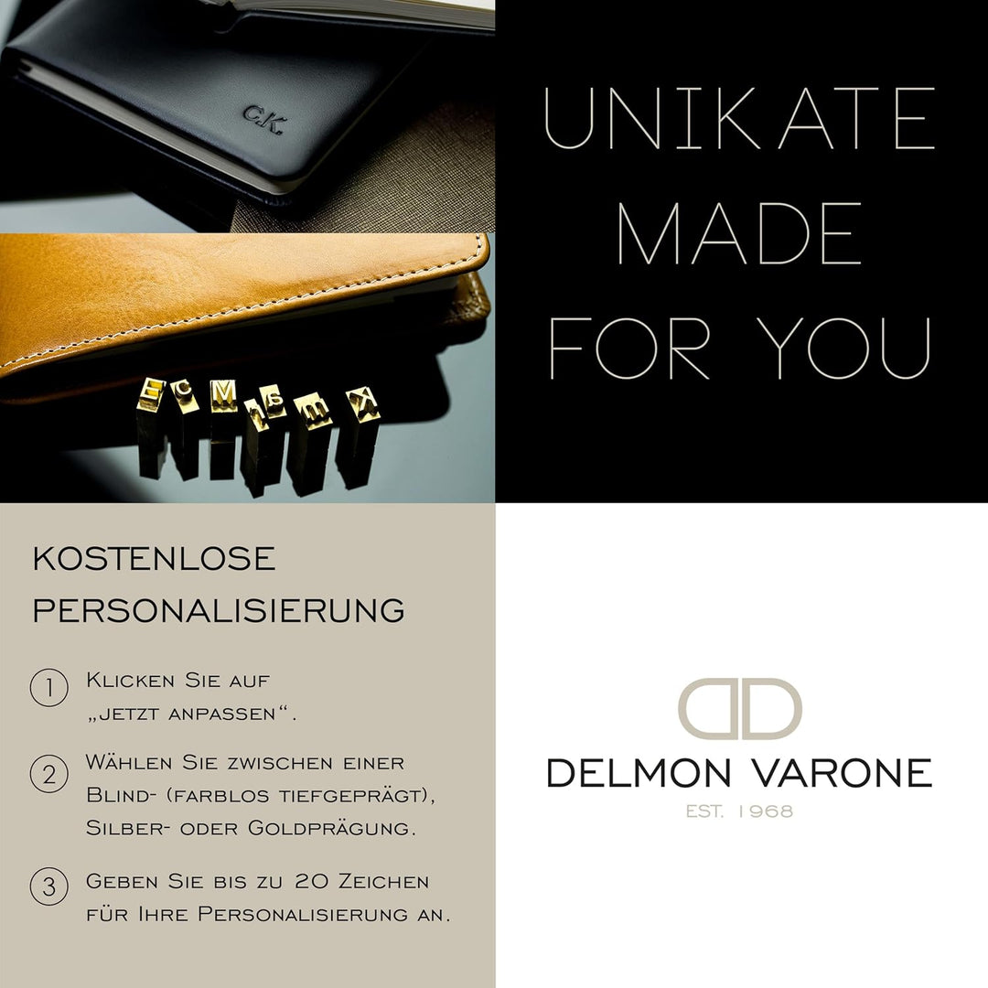 DELMON VARONE - Personalisierbares Adressbuch DIN A6 gebunden mit A-Z Register Vintage Anilin Leder