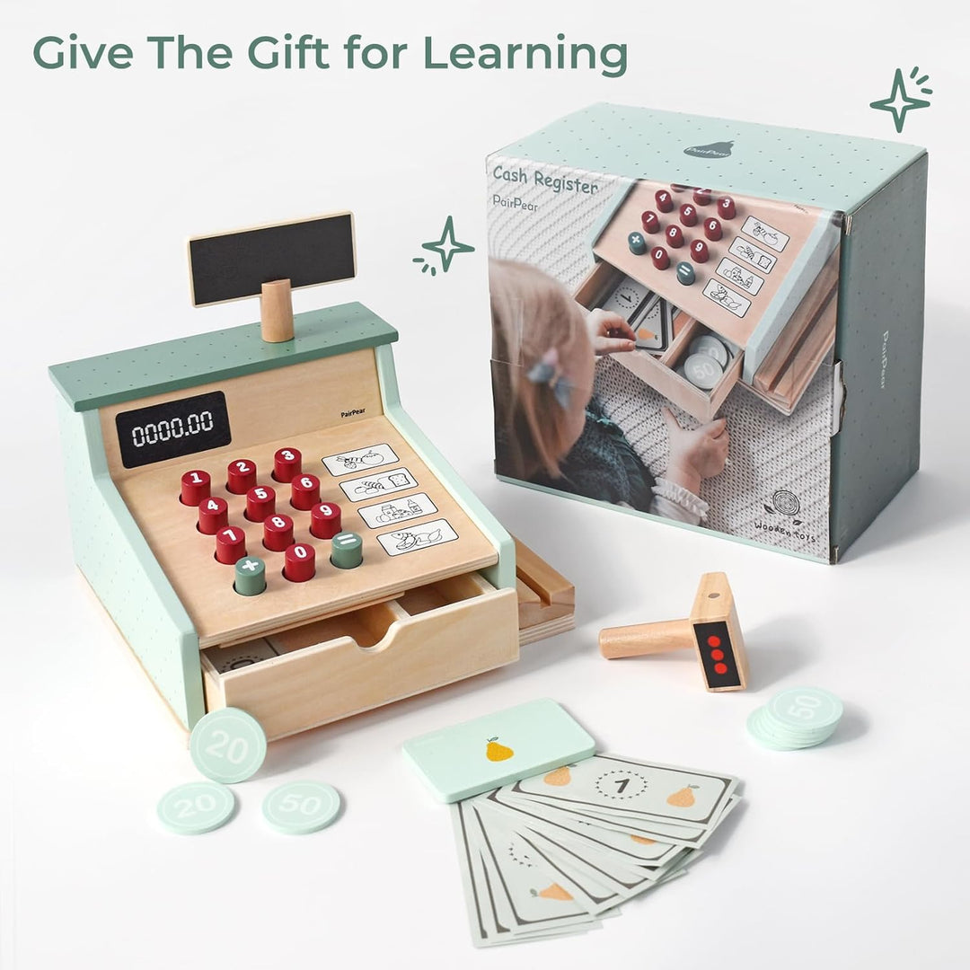 PairPear Kinder Kasse aus Holz spielkasse Kinder mit Scanner, Kartenlesegerät, Kreditkarten und Spie