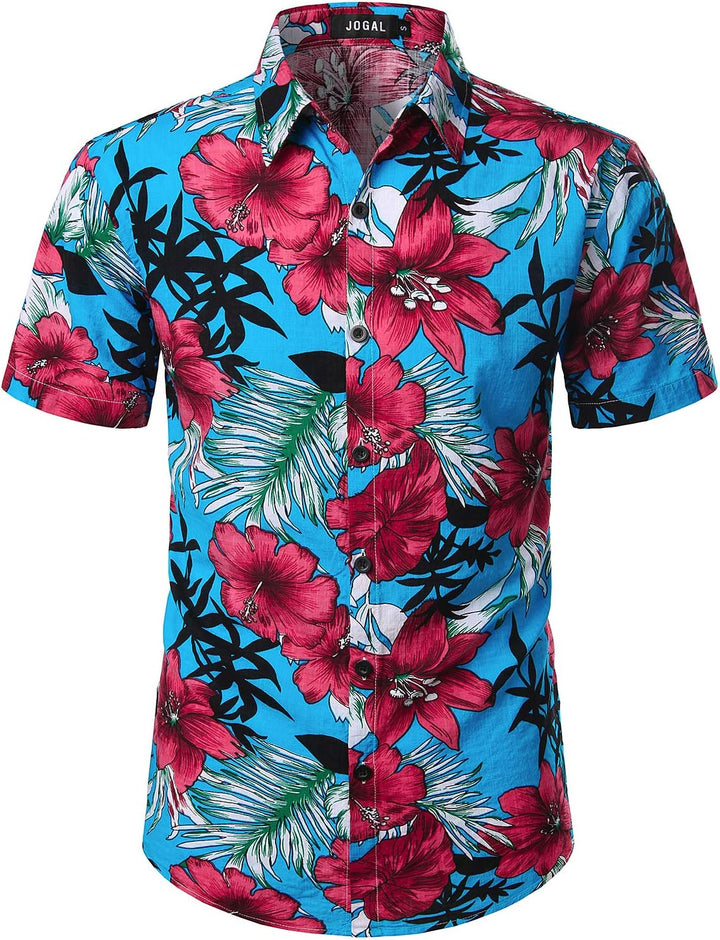 JOGAL Herren Casual Floral Blumenmuster Kurzarm Hawaiihemd Himmelblau S, Himmelblau S