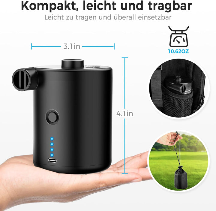 BOSONER Elektrische Luftpumpe mit Akku: 4000 mAh, wiederaufladbare Luftpumpe mit 3 Luftdüsen – schne