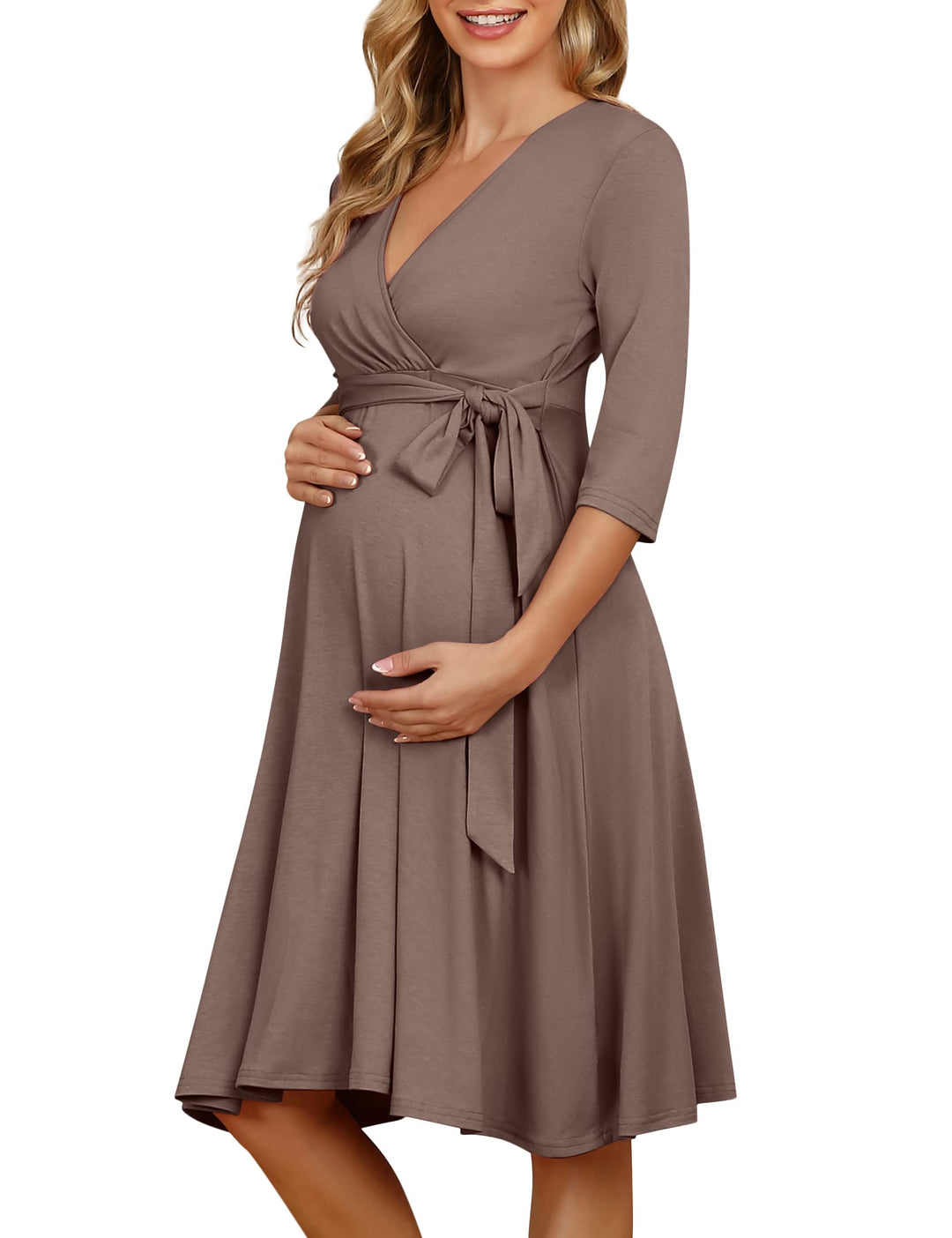 KOJOOIN Damen Umstandskleid Schwangerschafts Kleid für Schwangere Stillkleid V-Ausschnitt Langarm mi