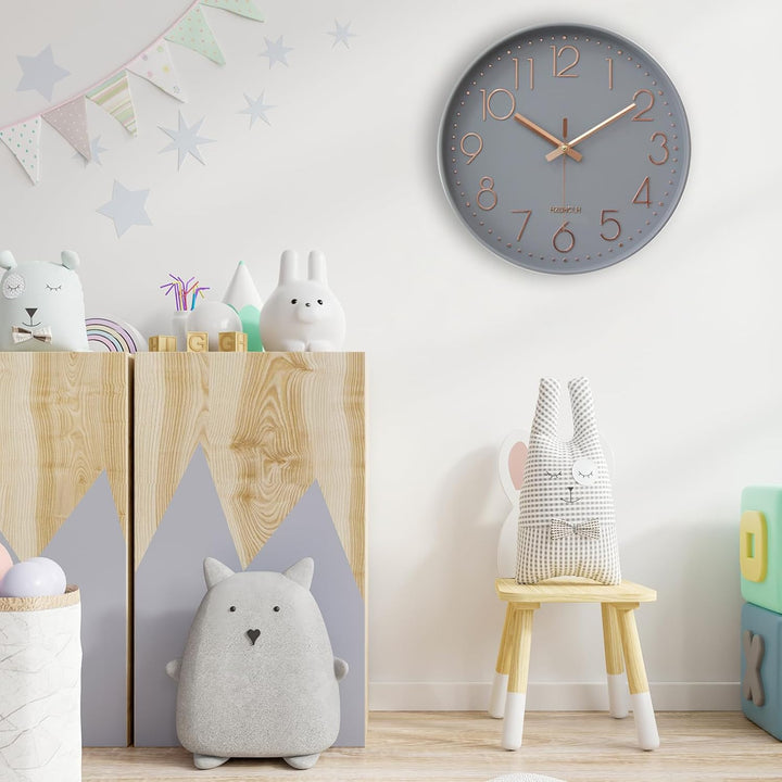 HZDHCLH 30cm geräuschlosem funkuhr wanduhr, digital Gross, für Wohnzimmer, Küche (graues Gold), Grau