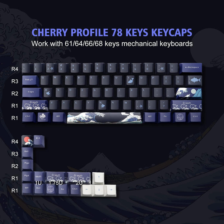PBT Keycaps 60 Prozent, Great Wave Off Kanagawa Japanische Tastenkappen, DYE-Sub Custom Keycaps Set,