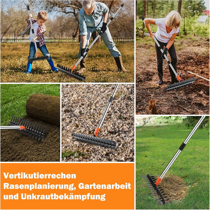 Vertikutierrechen für Rasenflächen – 38 cm breiter Rechen mit Zwei-Seiten-Zinken & 145 cm verstellba