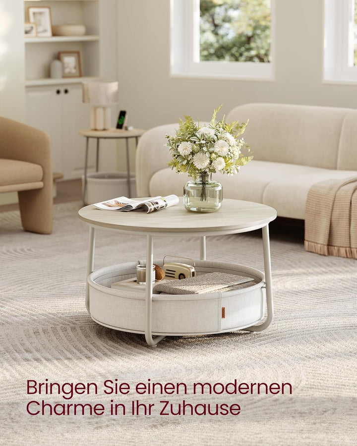 VASAGLE Couchtisch rund, Tisch mit Stauraum, Beistelltisch, Wohnzimmertisch mit Korb aus Stoff, mode
