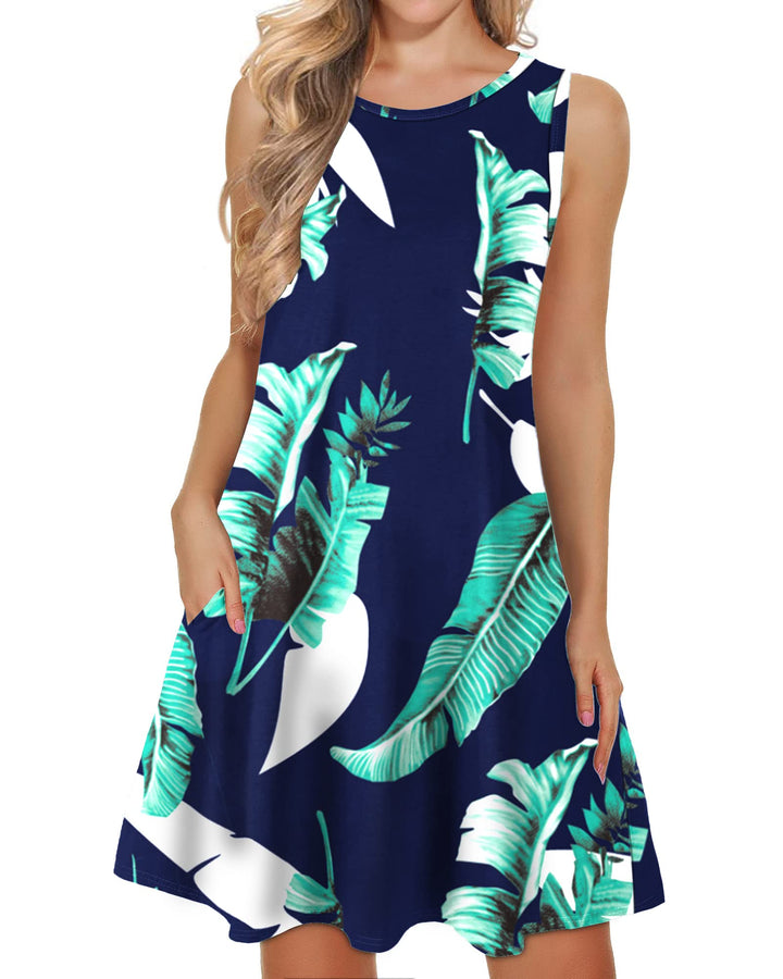 WNEEDU lässiges Sommerkleid Damen Ärmellose Tank Strandkleider T-Shirt Kleid mit Taschen, Druck Blau