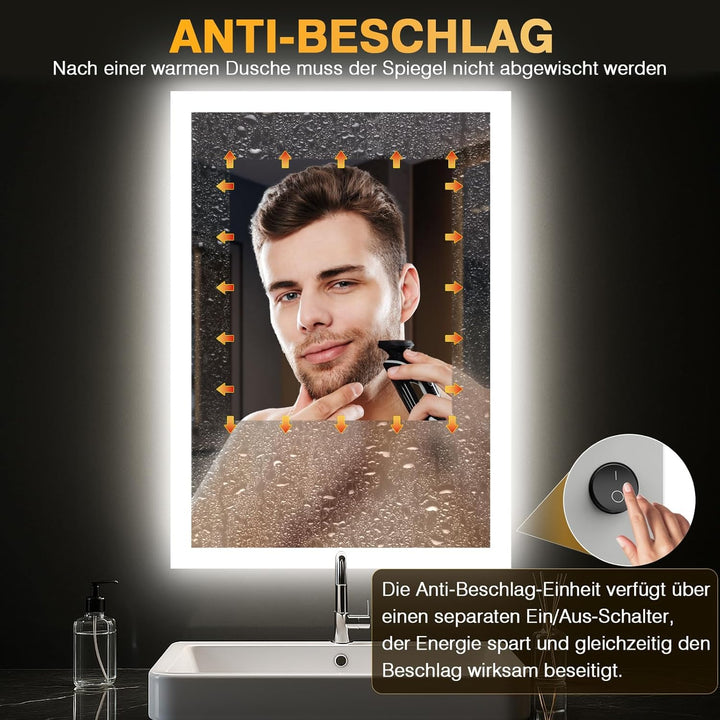 Badspiegel mit Beleuchtung, LED Bad Spiegel mit Licht, Antibeschlag, 2 Lichtfarben, 3000K / 6500K, K