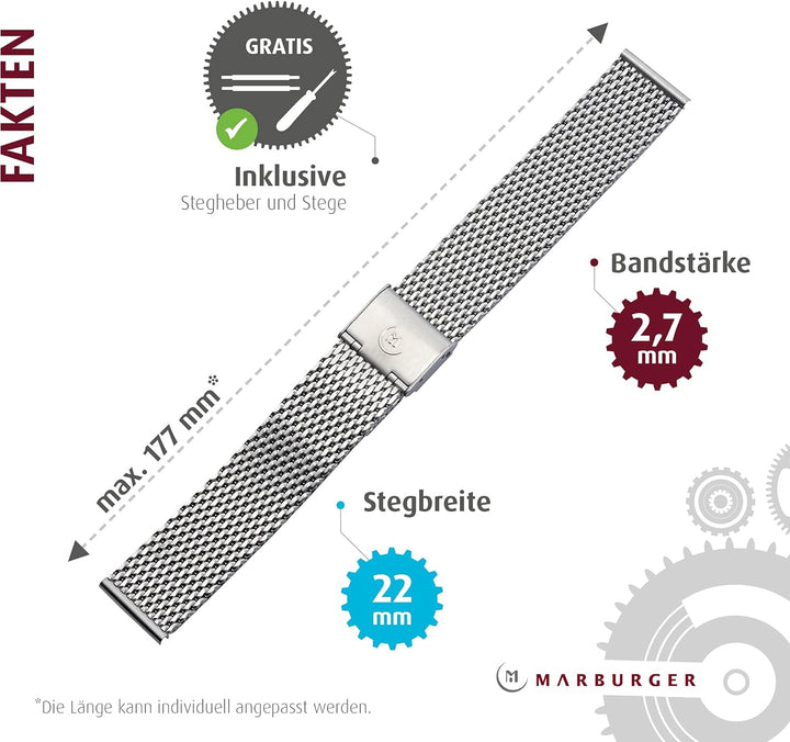 MARBURGER Uhrenarmband 22mm Edelstahl Silber - Werkzeug Montage Set 84907220020