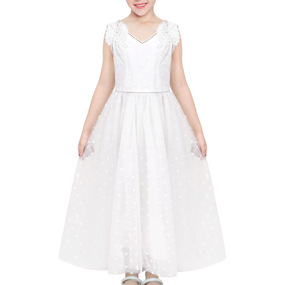 Sunny Fashion Mädchen Kleid Blume Schnüren Saum Hochzeit Erstkommunion Gr. 110-158 116 Weisser Stras