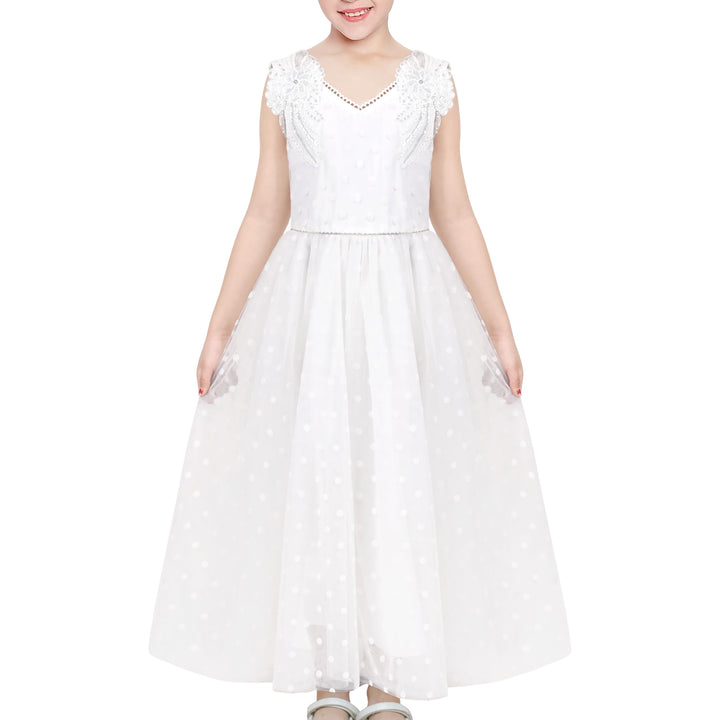 Sunny Fashion Mädchen Kleid Blume Schnüren Saum Hochzeit Erstkommunion Gr. 110-158 122 Weisser Stras