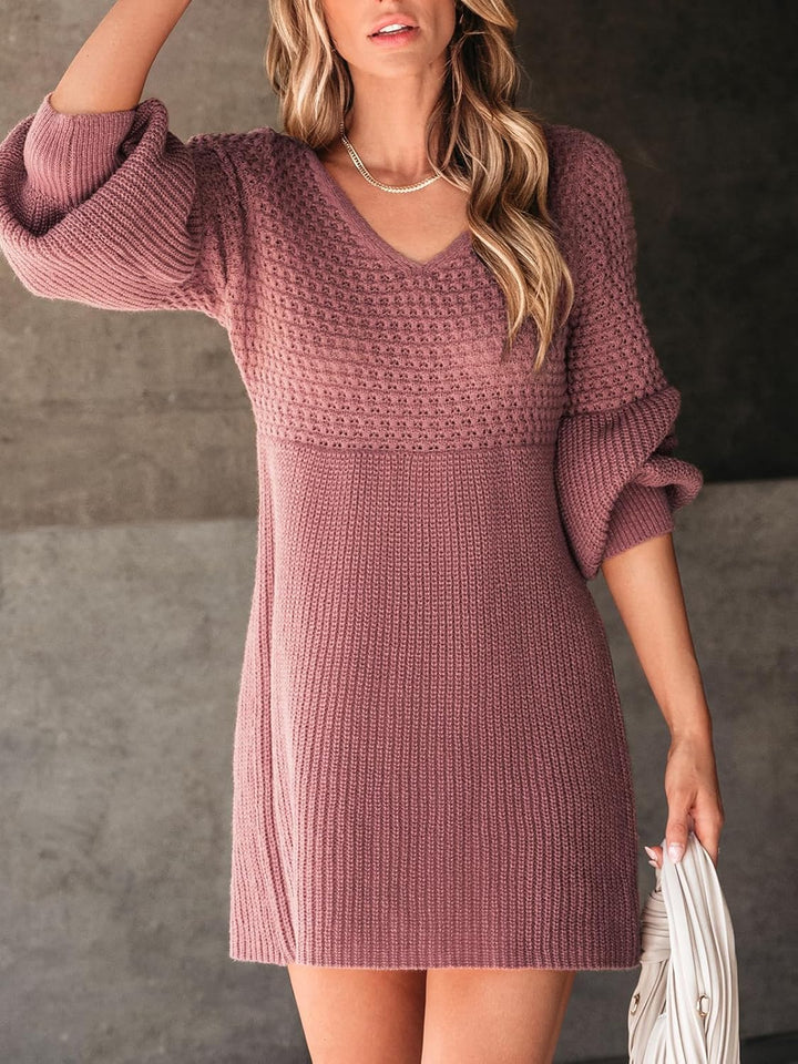 CUPSHE Damen Strickkleid Pulloverkleid V Ausschnitt Langarm Wabenmuster Feinstrick Pullikleid Knit S