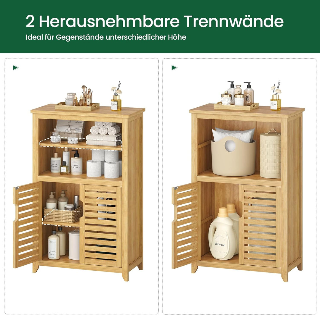 VIAGDO Badezimmerschrank Bambus, Badschrank mit 2 offenen Fächern und 2 Lamellentüren, Küchenschrank