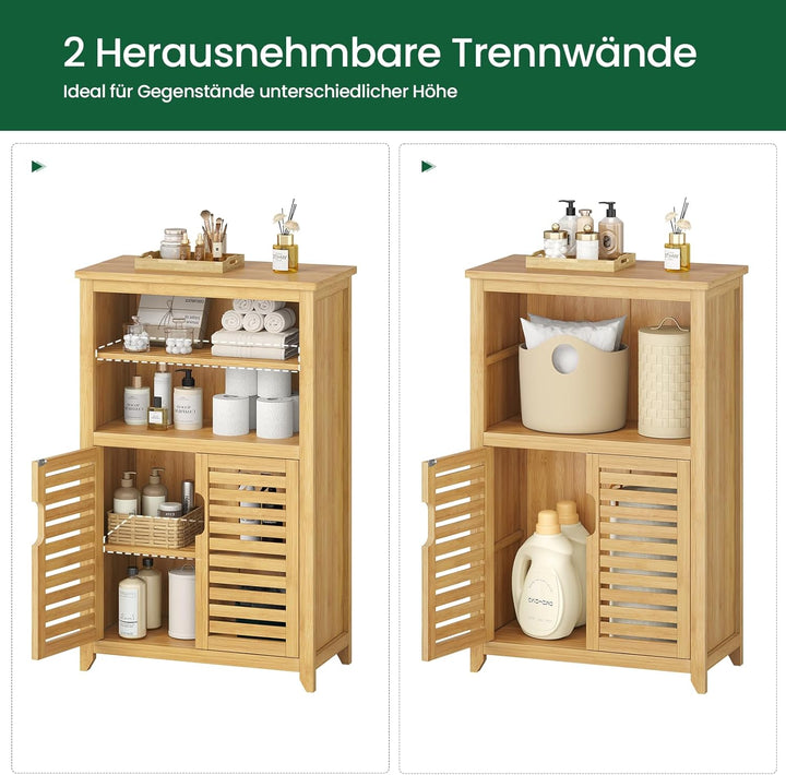 VIAGDO Badezimmerschrank Bambus, Badschrank mit 2 offenen Fächern und 2 Lamellentüren, Küchenschrank