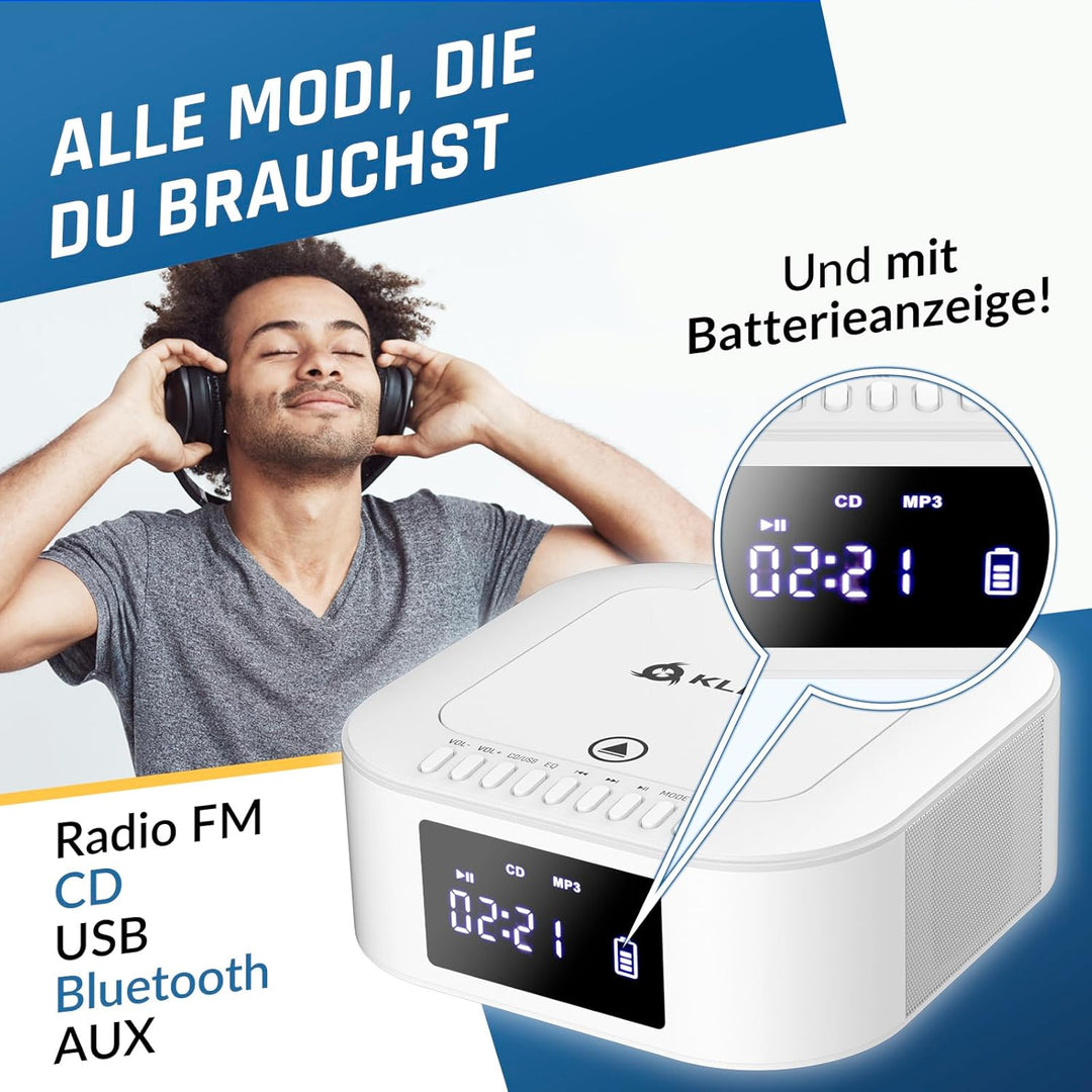 KLIM Boombox E1 Radio mit CD Player - BASS Boost mit Tieftöner - FM, MP3, Bluetooth, AUX, USB, Kompa