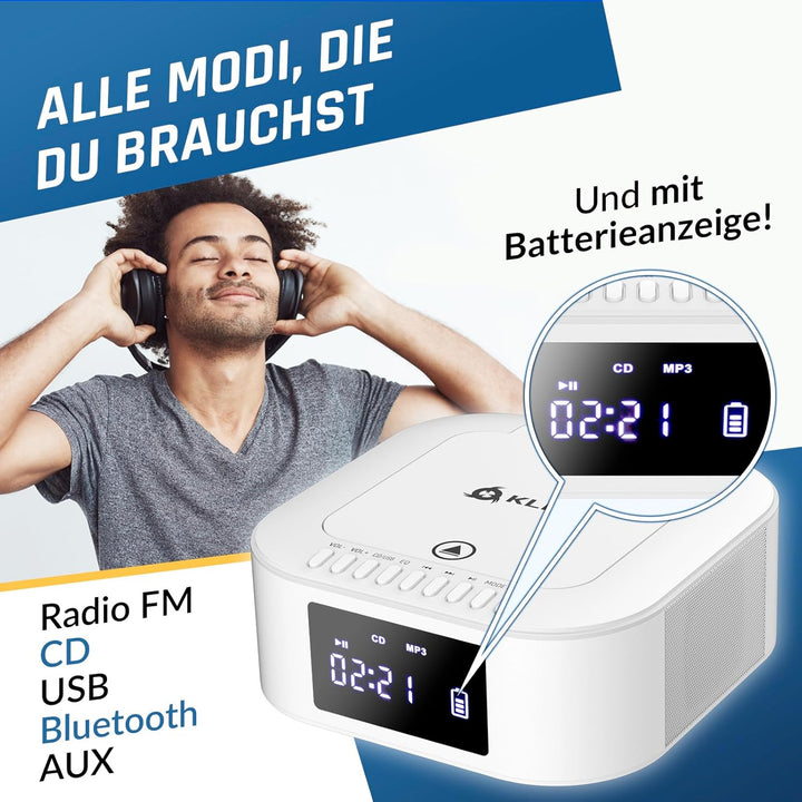 KLIM Boombox E1 Radio mit CD Player - BASS Boost mit Tieftöner - FM, MP3, Bluetooth, AUX, USB, Kompa