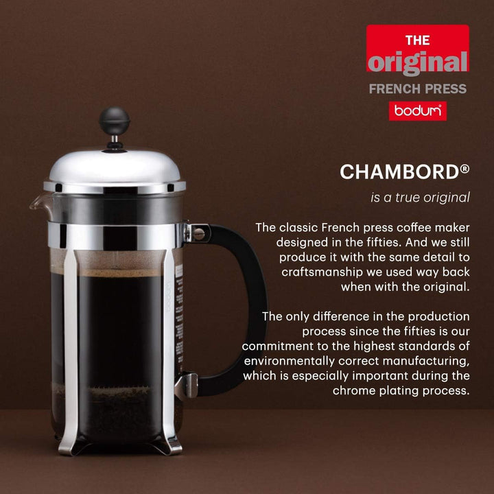 Bodum Chambord Kaffeebereiter 8 Tassen mit Metallrahmen, Chrom, Schwarz, 1 l
